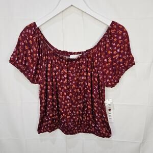 Pinque Cropped Blouse Puff Sleeves Floral Burgundy Size Medium